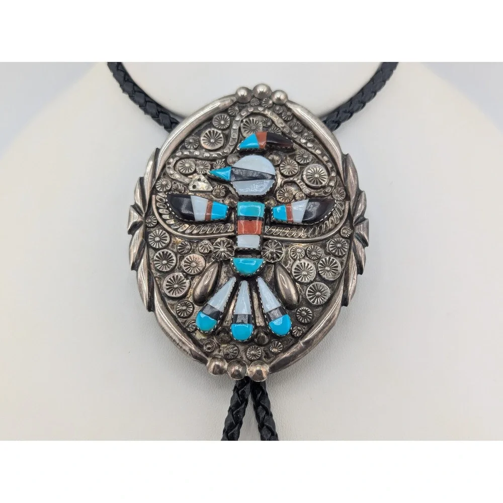 Rare Vintage Bolo Tie Museum Piece Leather Sterling Silver Southwest Accessory *